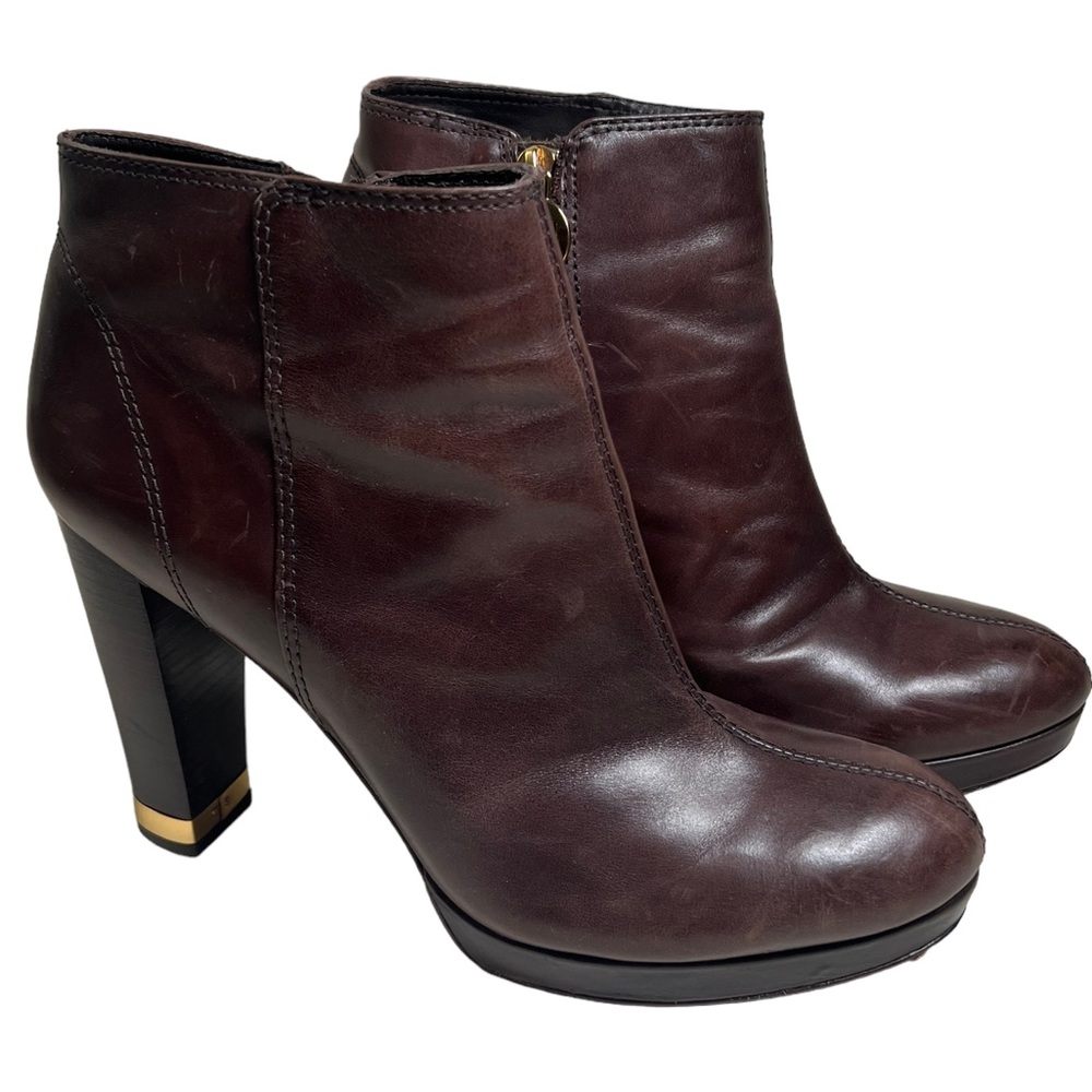 TORY BIRCH BOOTS Booties Heels Brown Leather Gold Accents Size 10
